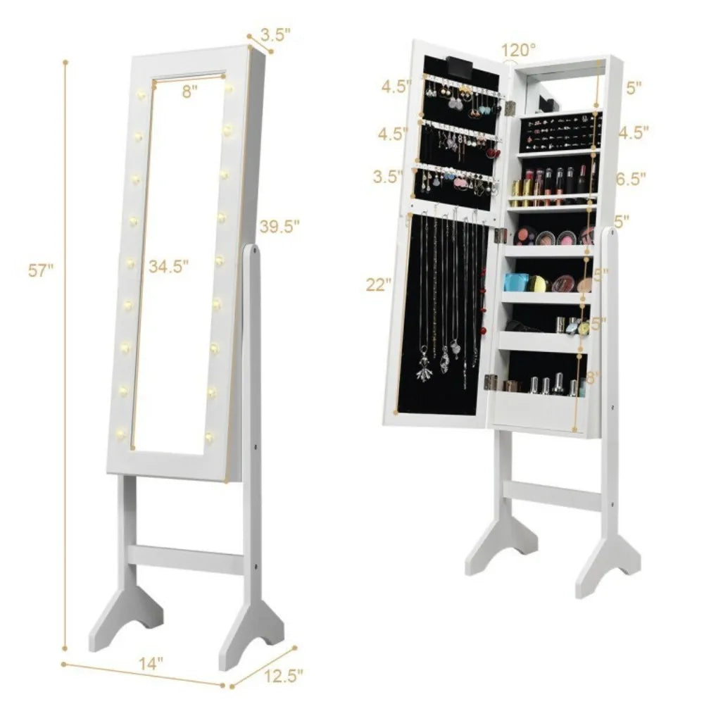 Jewelry Cabinet Armoire Storage Organizer Free Standing Full Mirror w/LED Lights
