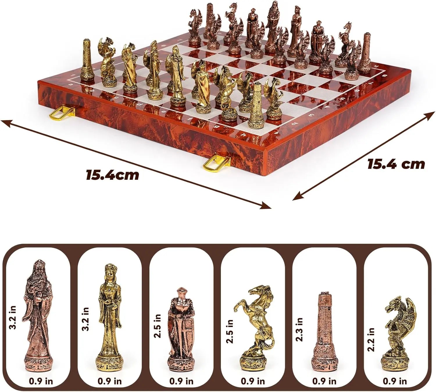 Vintage Metal Chess Set 15'' Wooden Board - Travel Friendly Collectible Game for Adults & Kids