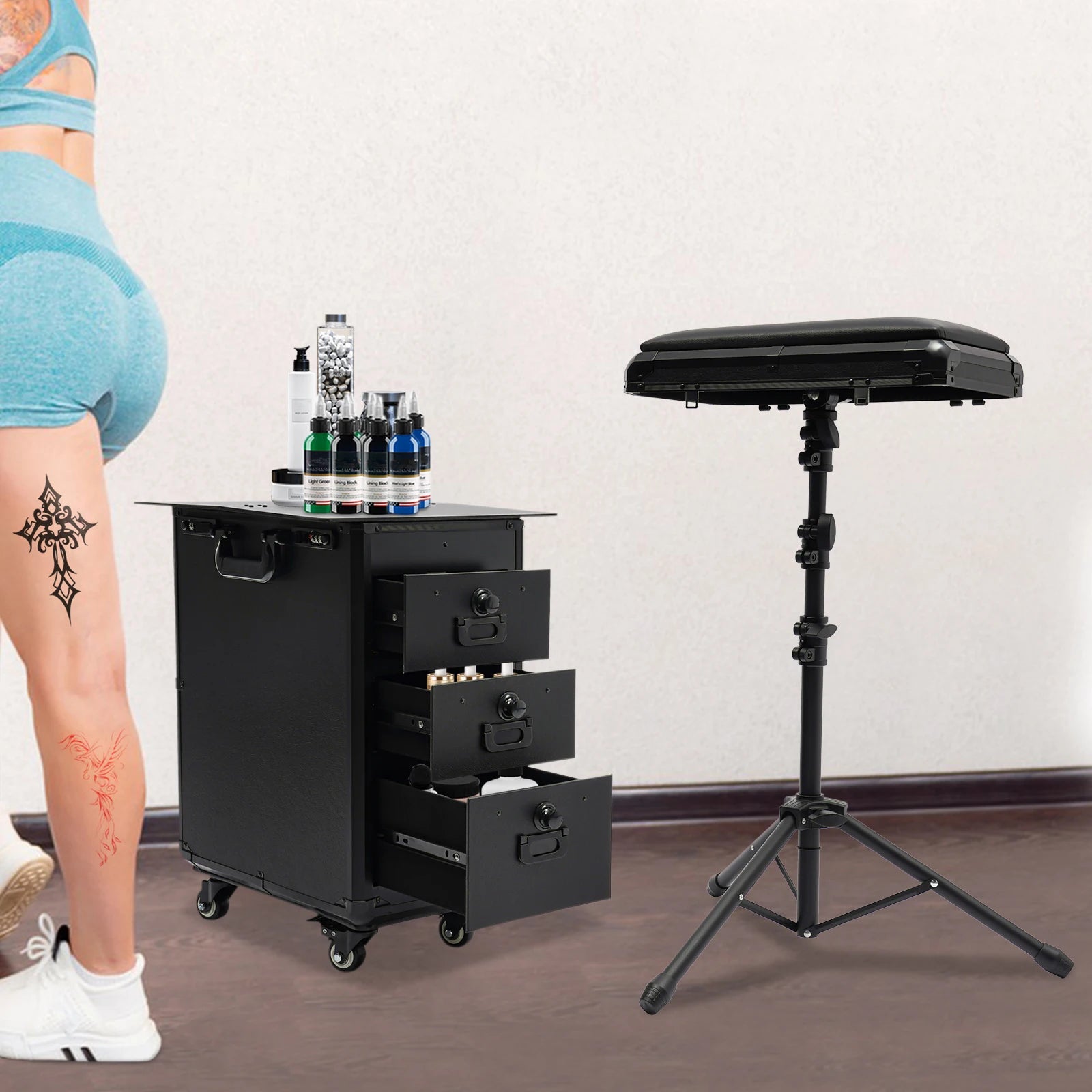3 Drawers Rolling Makeup Case Tattoo Suitcase Mobile Manganese Steel Makeup Case with Combination Lock 4 Wheels 2 Brakes