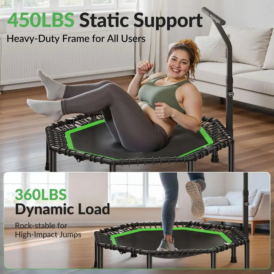 51 Octagonal Mini Trampoline, Max Load 450 LBS Fitness Trampoline with TAdjustable Handle Bar, Silent Bungees, Larger, More Stab