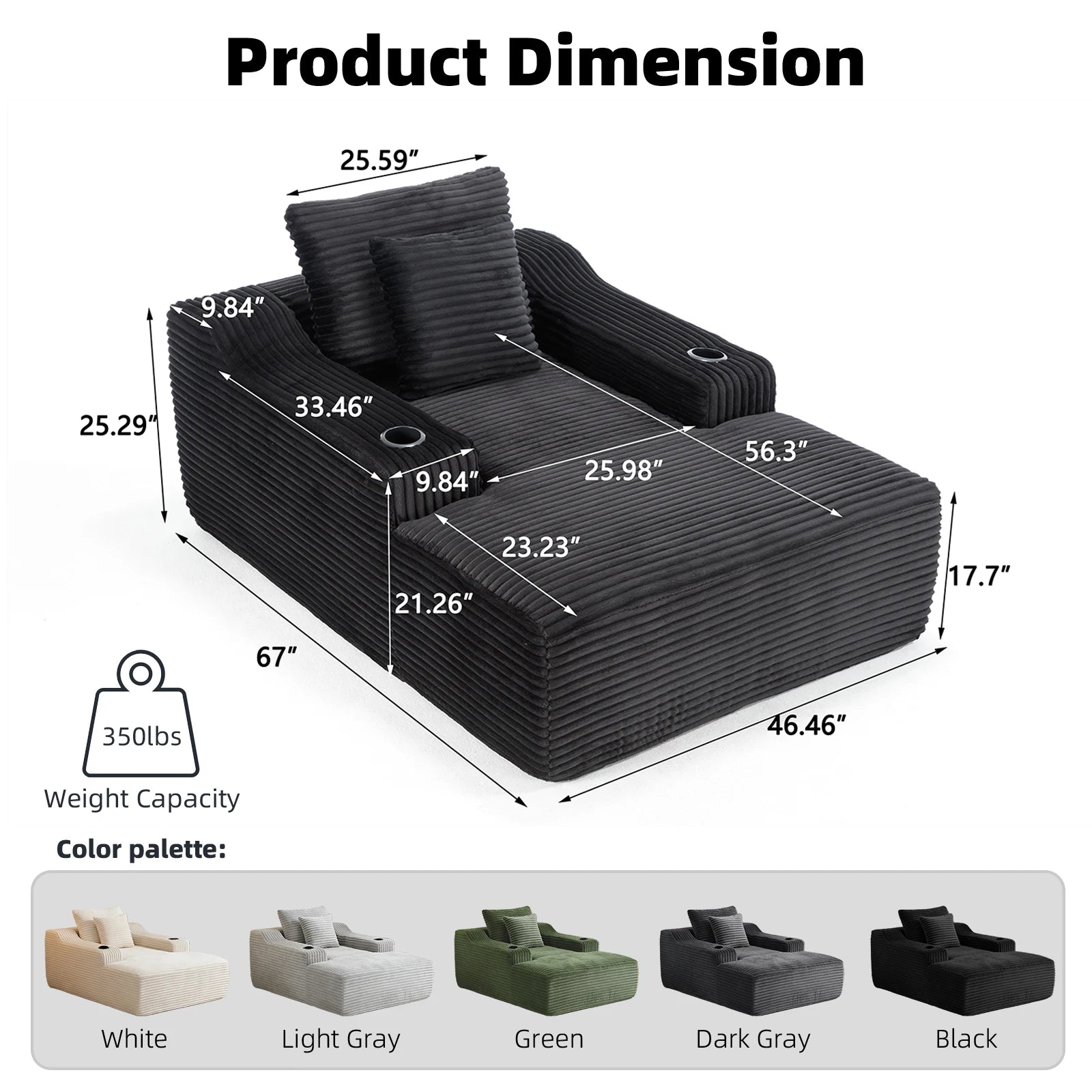 67'' Corduroy Chaise Lounge Chair Indoor, Oversized Upholstered Boneless Sofa Bed, Cloud Sofas Couches for Living Room