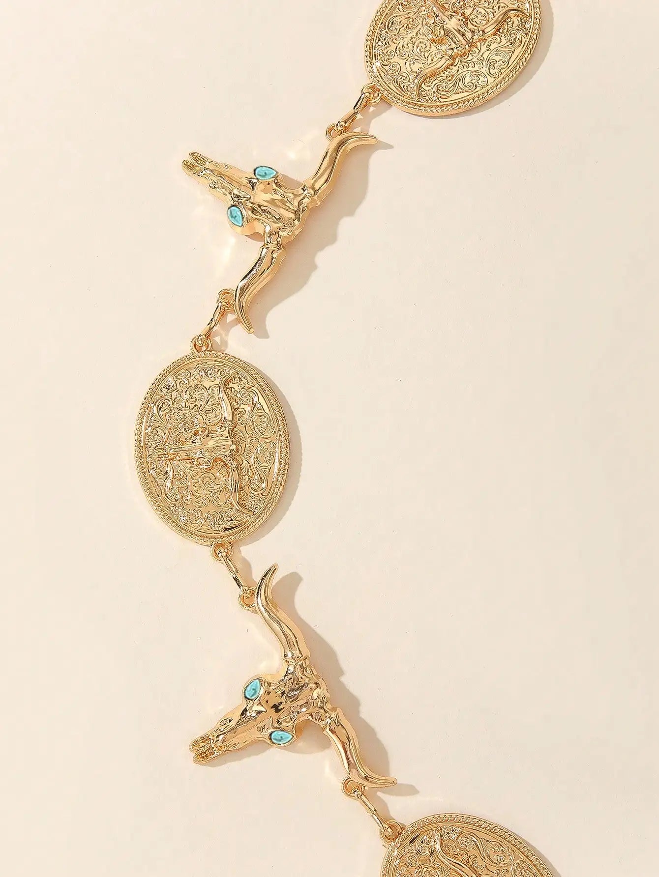 Boho Western Turquoise Bull Head Chain Waist Belt for Women, Adjustable Fashion Accessory for Summer Fall Halloween