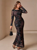 Women's Random Floral Print Round Neck Shoulder Gathered Waist Fitted Elegant Dress