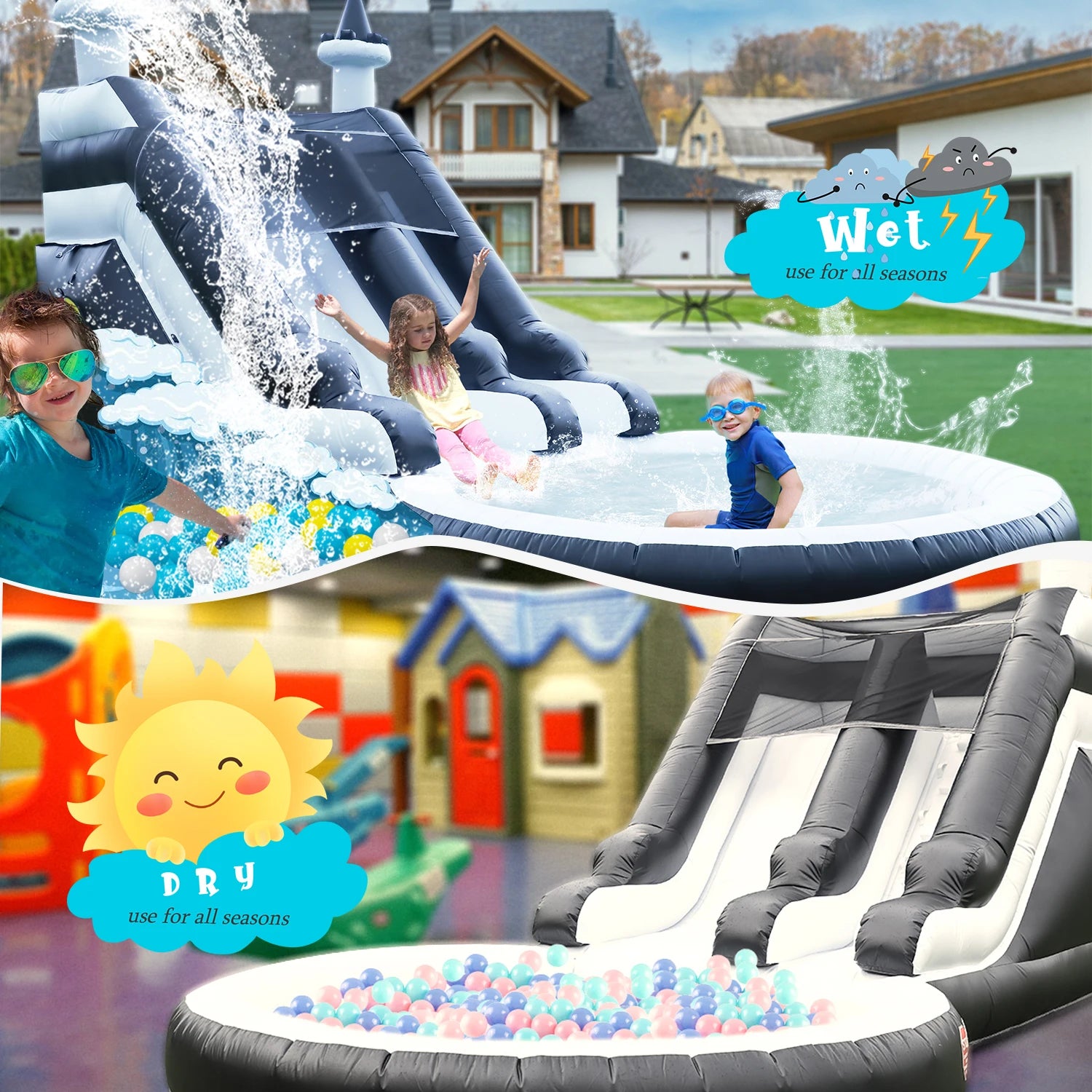 Inflatable black Summer Outdoor Sildes Air Bounce Water amusement Play Equipment Inflatble Water Double Slide Bubble Ball Pit
