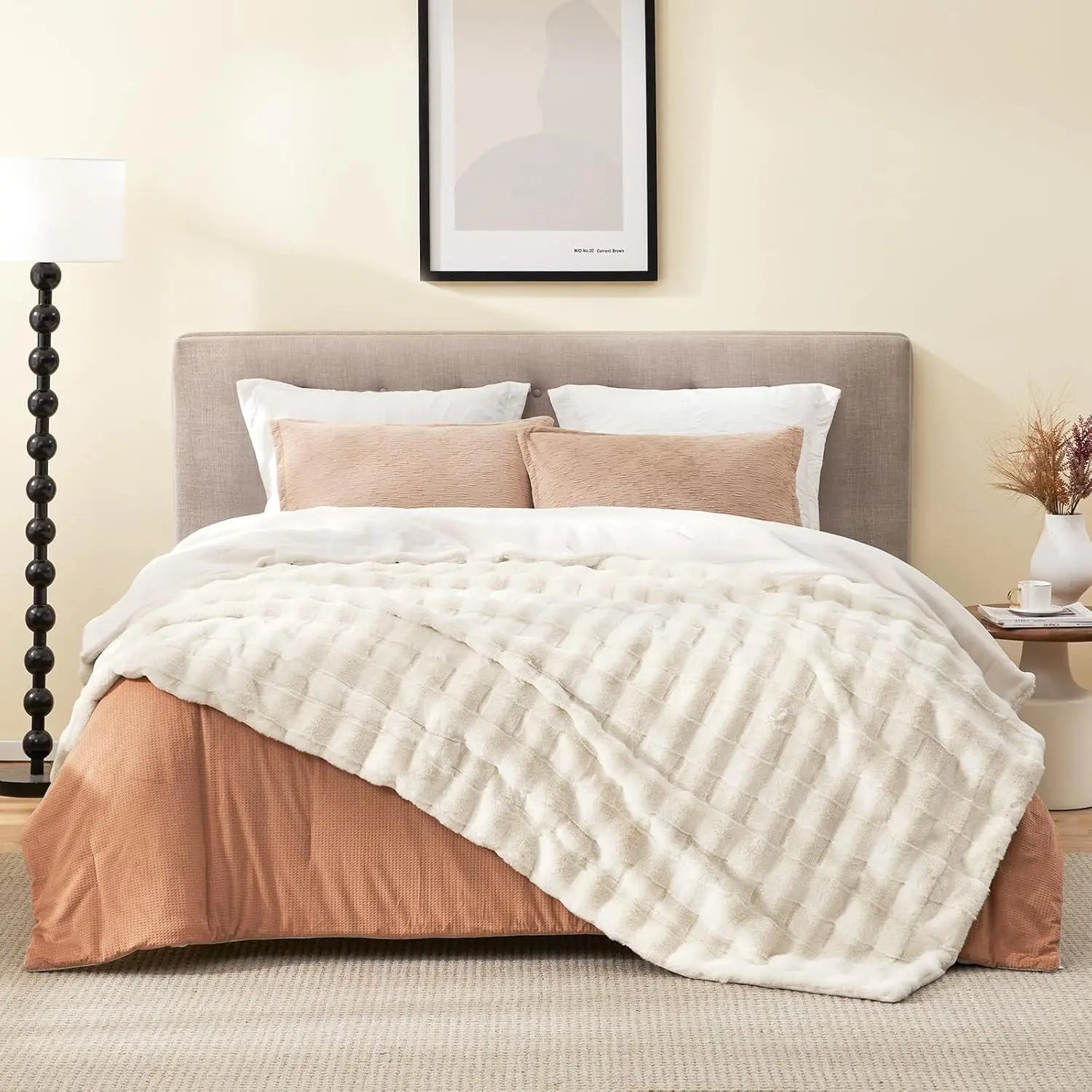 Queen Size Fluffy Faux Fur Blanket, Soft Striped Plush Throw for Bed or Couch, Cream White 90x90 Inches