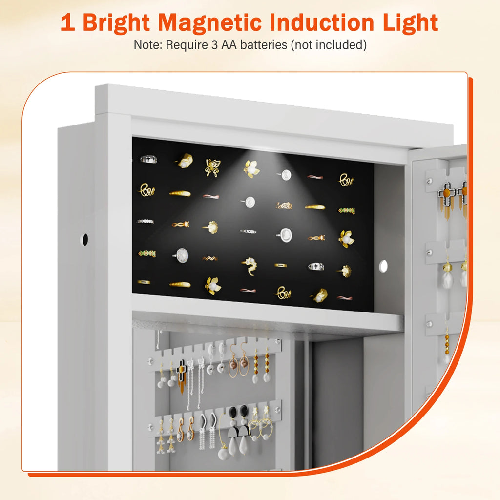 Mirror Jewelry Cabinet, 47.24" Tall Wall Mounted Jewelry Cabinet with Mirror and Light, Large Jewelry Armoire Organizer
