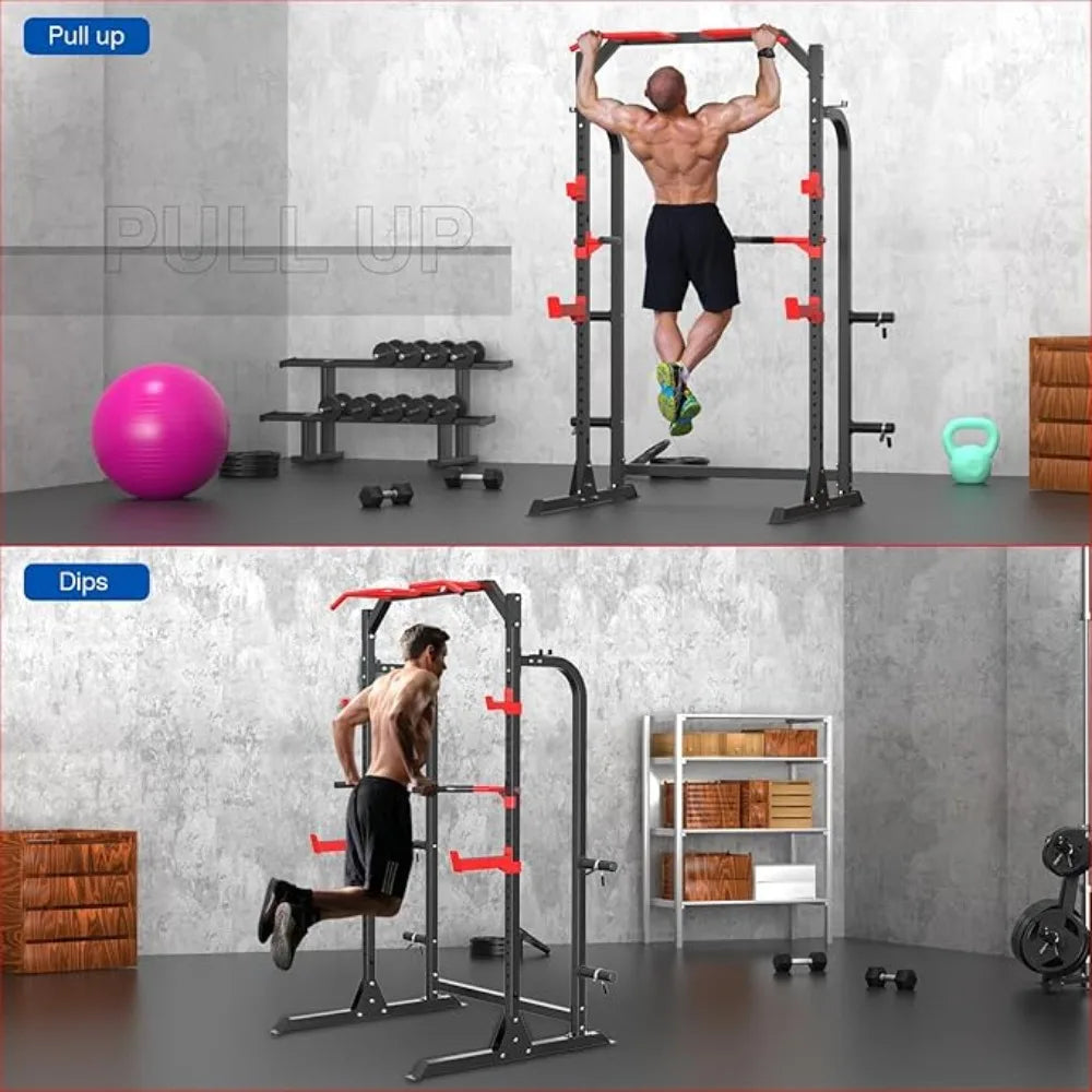 Versatile Fitness Rack with Cable Crossover, J-Hooks, Dip Bars, and Plate Storage