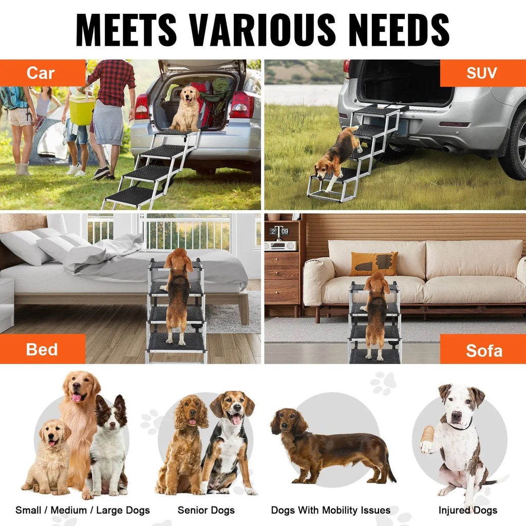 Durable 4-Step Dog Stairs Aluminum Foldable Structure 250lb Weight Limit Portable Pet Step for Cars Trucks and SUVs