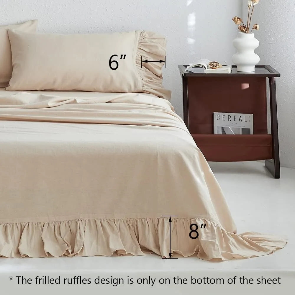 Belgian Linen Sheet Set with Long Ruffles 4pcs (1 Flat Sheet, 1 Fitted Sheet & 2 Pillowcases) Solid Shabby Vintage Chic Country