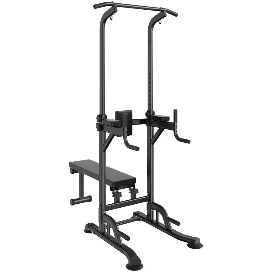 Power Tower with Bench 10Level Height Adjustable Pull Up Bar Stand Dip Station Detachable Bench MultiFunction Home Gym Strengt