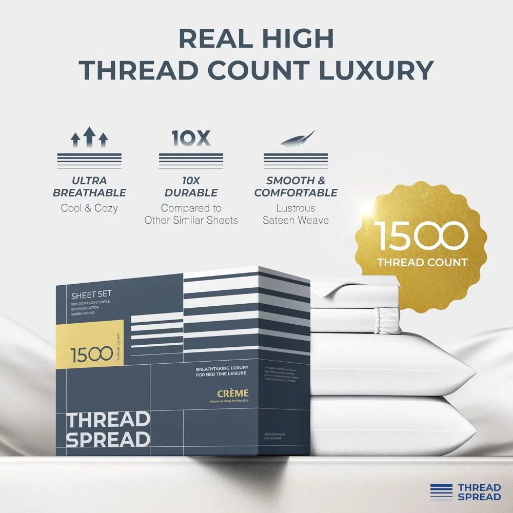 THREAD SPREAD 100% Egyptian Cotton Sheets Queen Size - 1500 Thread Count 4 PC Queen Sheet Set Egyptian Cotton, Sateen Weave Luxu