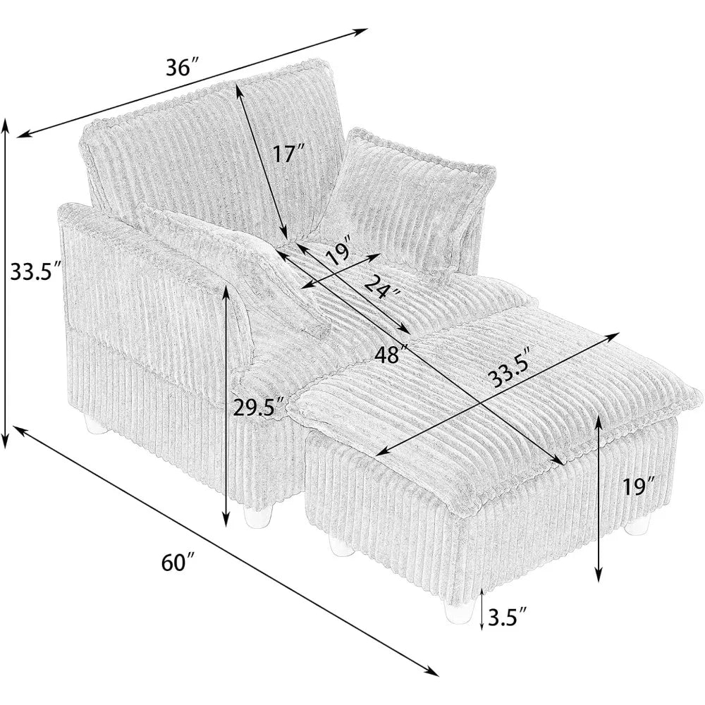 Indoor Corduroy Chaise Lounge Chair, 36" Wide Upholstered Accent Chair with Ottoman, Comfortable Modern Deep Seat Lounge Sofa Ch