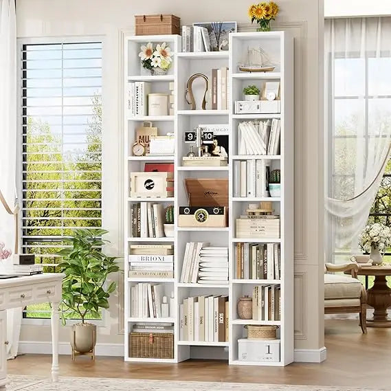 Triple Wide White Bookshelf with 8 Adjustable Shelves, Media CD DVD Storage Tower, Display Cabinet for Home Office