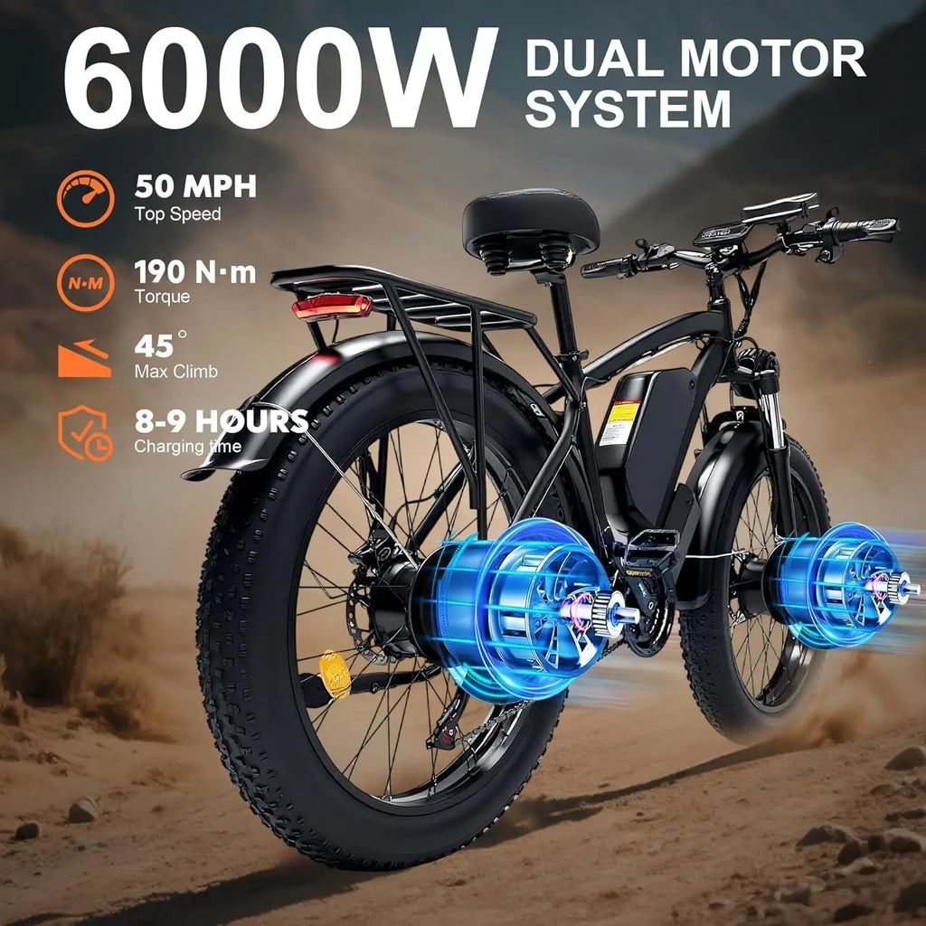 NOVA X1 6000W Peak Dual Motor Electric Bike for Adult, 50MPH with 60V25AH Battery, 26" Fat Tire Electric Bicycle for All Terrain