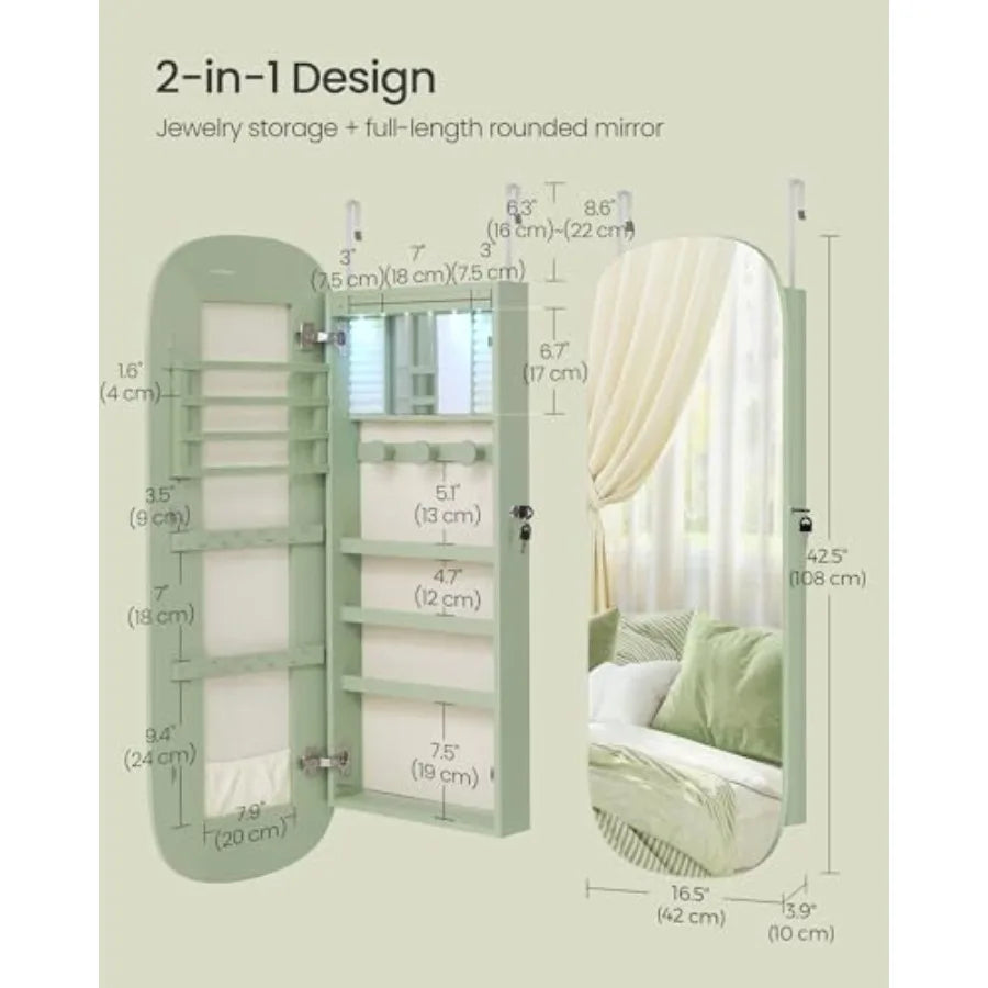 Jewelry Organizer LED Jewelry Cabinet Wall/Door Mounted Lockable Rounded Wide Mirror with Storage Interior Mirror 3.9 x 16.5 x