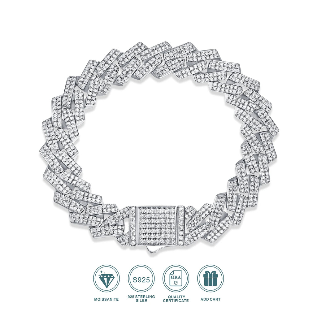 JIUZUAN Iced Out Moissanite Cuban Link Bracelet 925 Sterling Silver 18K Gold Plated Hip Hop Style for Men with GRA Certificate