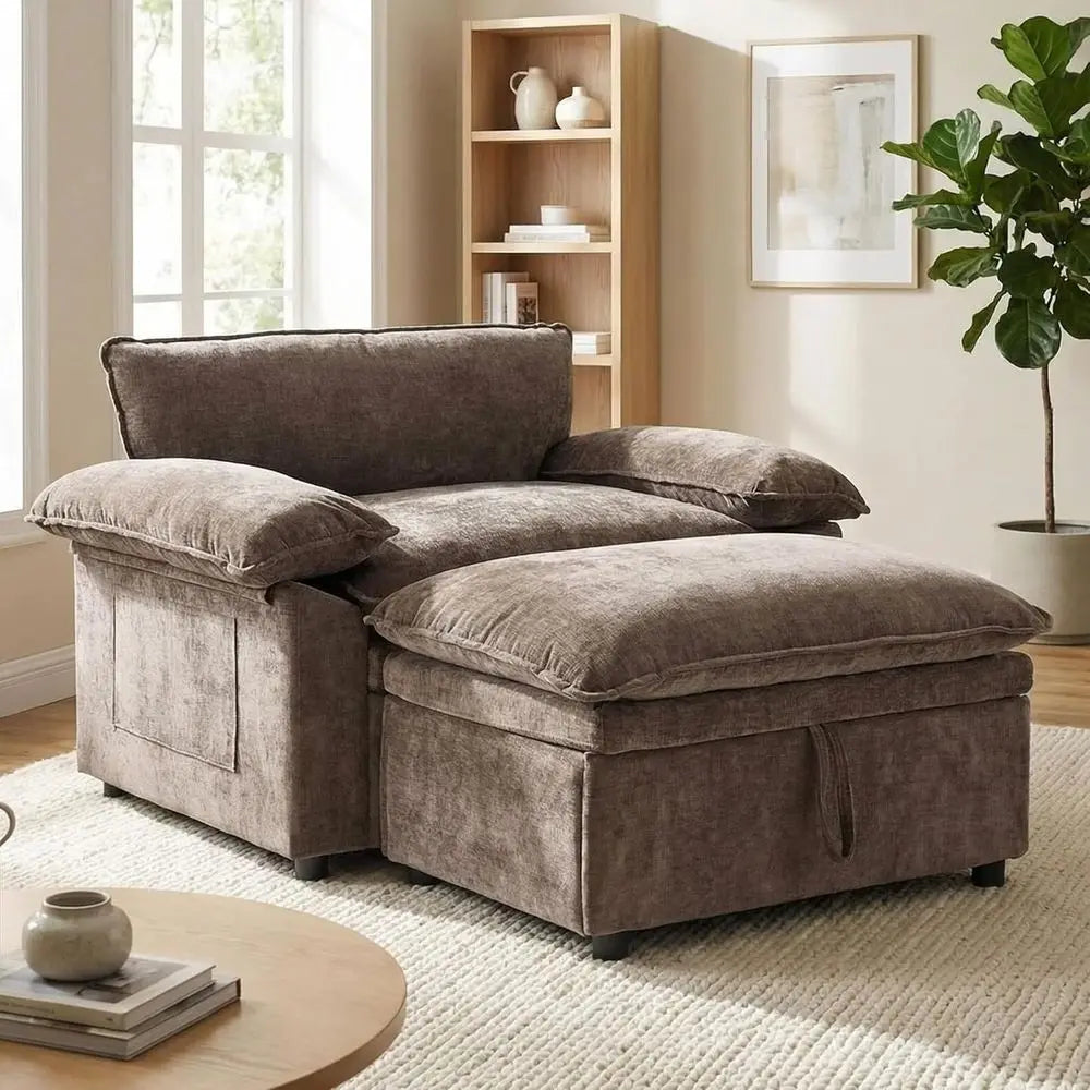 Oversized Chenille Chaise Lounge with Storage Ottoman, Plush Cloud Chair, Pillowed Armrests, Ideal for Living Rooms and Bedrooms