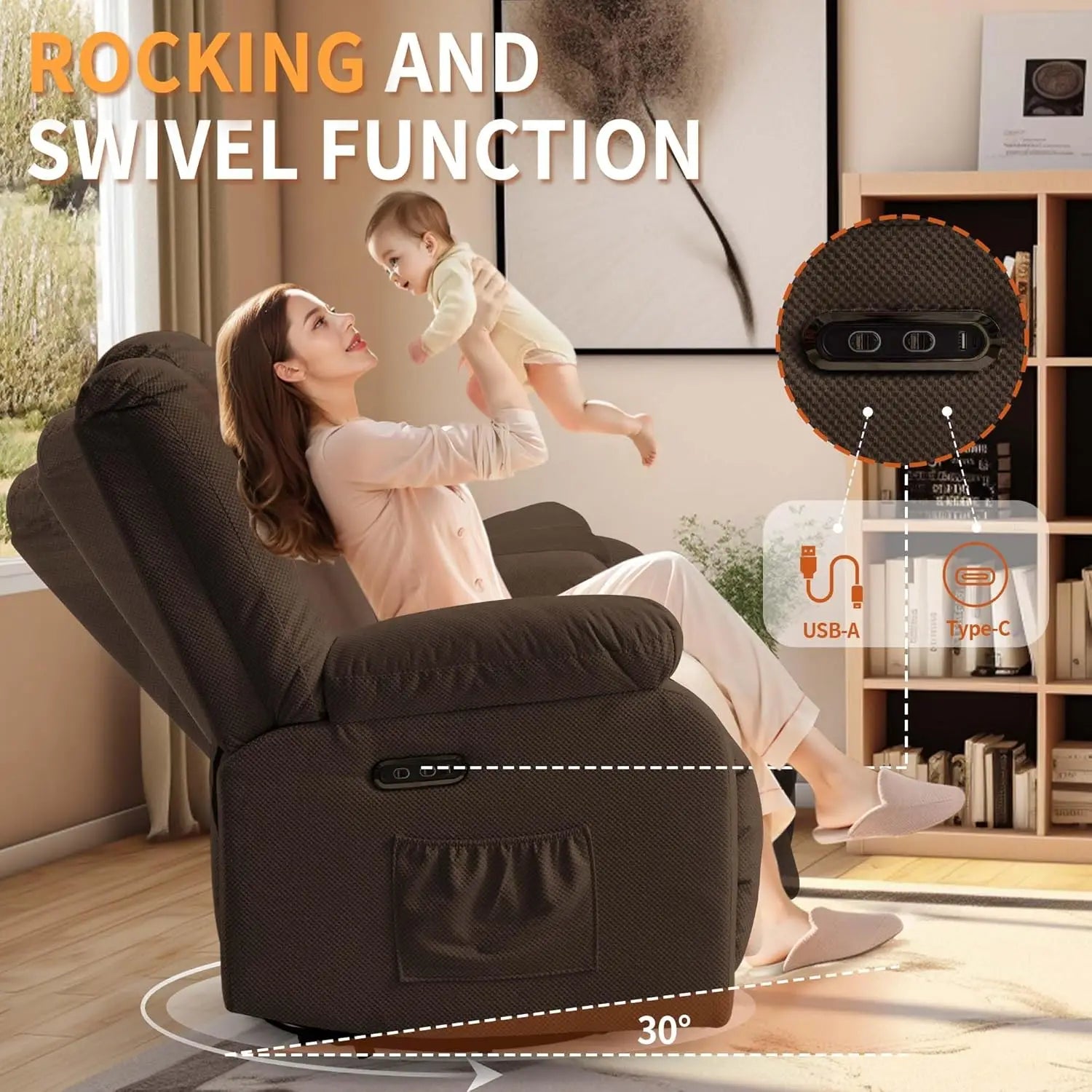 Oversized Recliner Chair, Electric Glider Rocker with Massage & Heating, Waffle Fabric, Side Pockets for Living Room