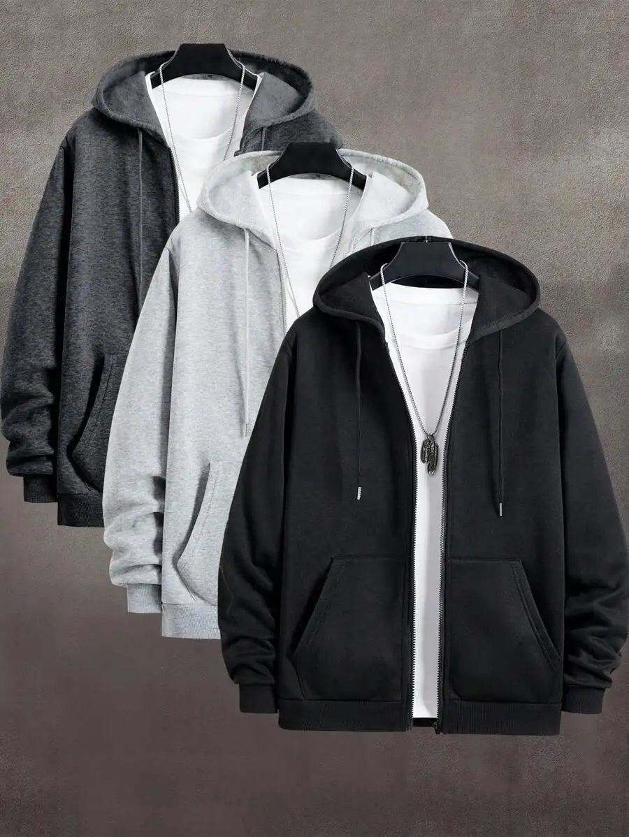 Men's Casual Zip-Up Hoodie with Drawstring, Long Sleeve, Autumn Outdoor Wear