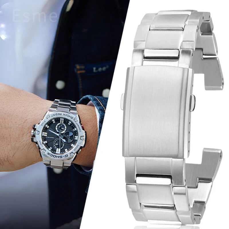 For Casio GST-B100 Concave Interface Steel Watch Strap for Men GST-W300/S310/400G/410 Watch Bracelet 26x14mm Steel Black