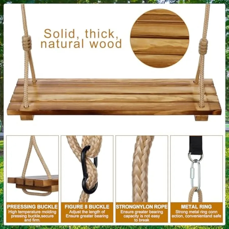 2 Pcs Wood Swing Seat Carbonized Hanging Tree Swing Adjustable Anticorrosive Waterproof Wooden Swing 440lbs Load Indoor Outdoor