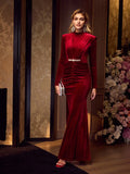 Elegant Velvet Long Sleeve Ruched Waist Fish Tail Formal Dress for Evening Events