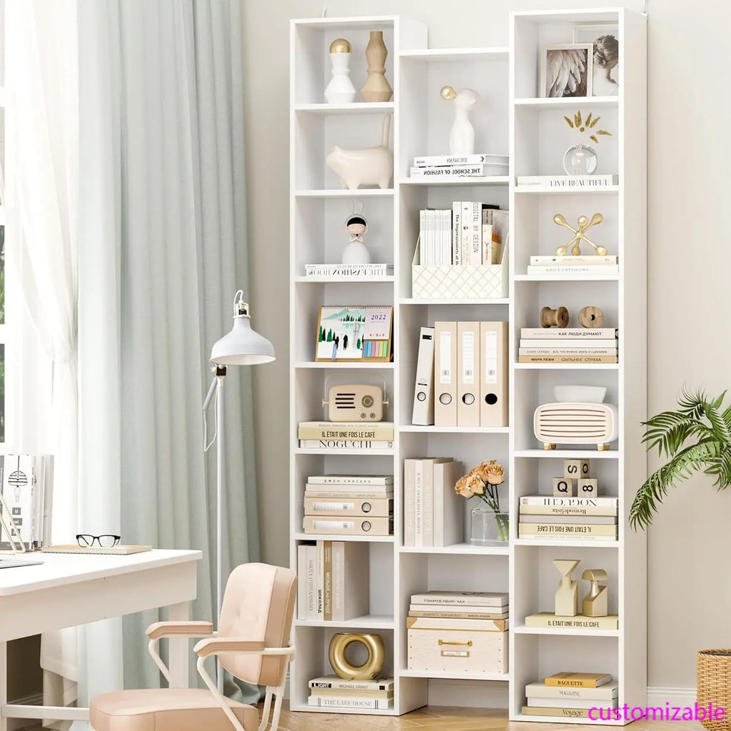 Triple Wide 8 Tier Media Storage Tower Rack, 71’’ Large CD DVD Storage Tower Rack with Adjustable Shelves, White Bookshelf,White