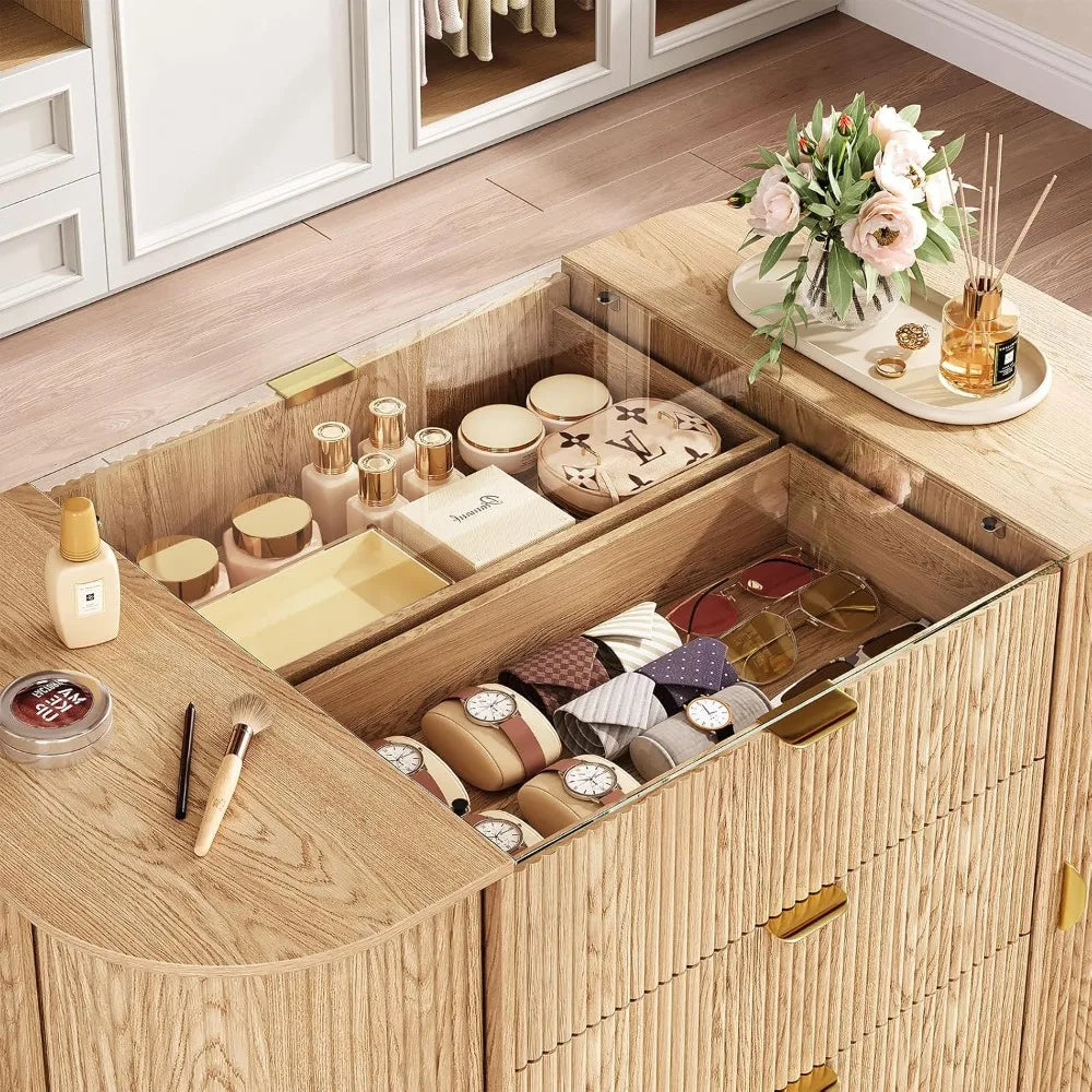 Tambour Closet Island with 8 Drawers & 8 Large Storage Space,Bedroom Armoire Island with Glass Top,Freestanding Wardrobe Closet