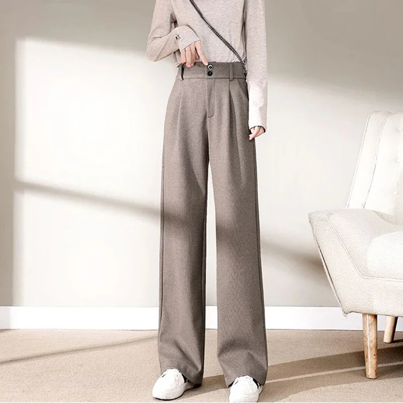 Autumn Winter Female Classic Daily Woolen Pants Girls Narrow Straight Leg Trousers Lady Solid Thicken High Waisted Pants