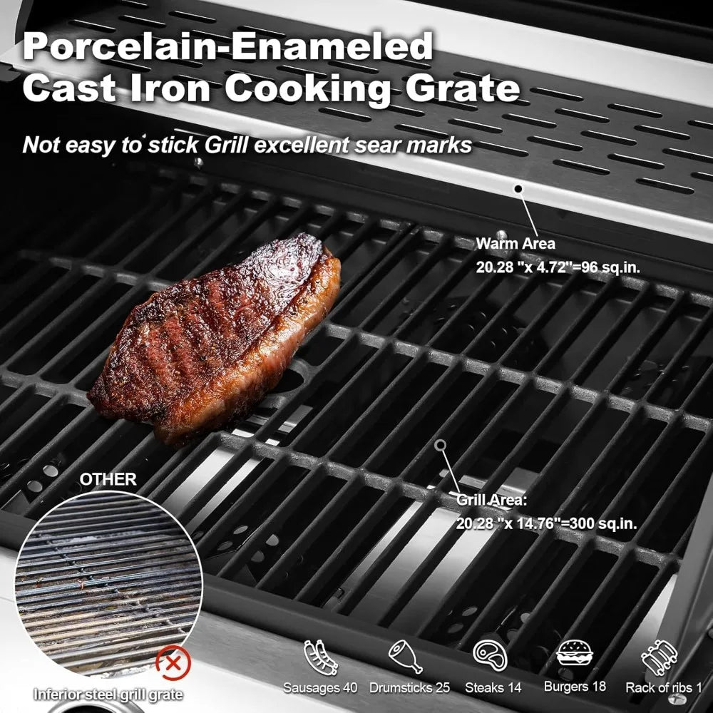 Stainless Steel 36,000 BTU Propane Grill with 3 Burners, Cast Iron Grates, and Side Shelf BBQ Barbecue