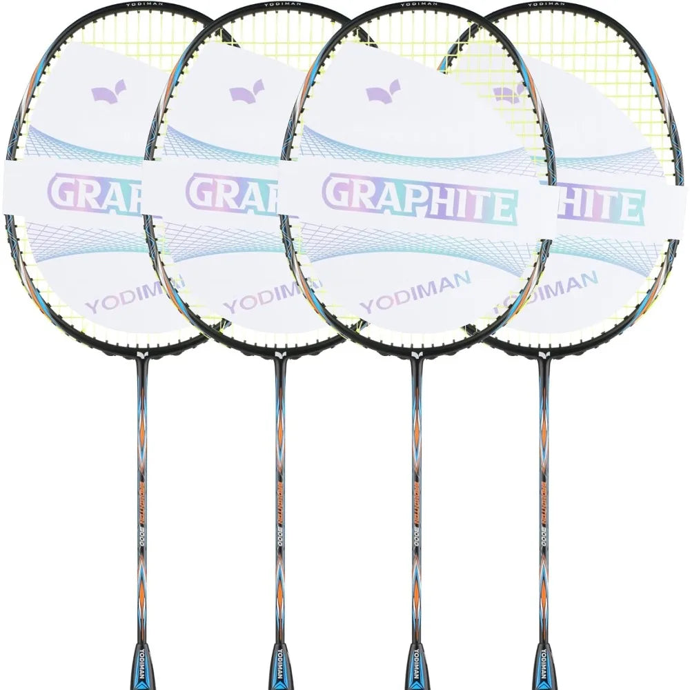 Graphite Badminton Racket Set - 4 Pre-Strung 6U Super Lightweight Racquets with Overgrips, 2 Durable Bags & Tapes