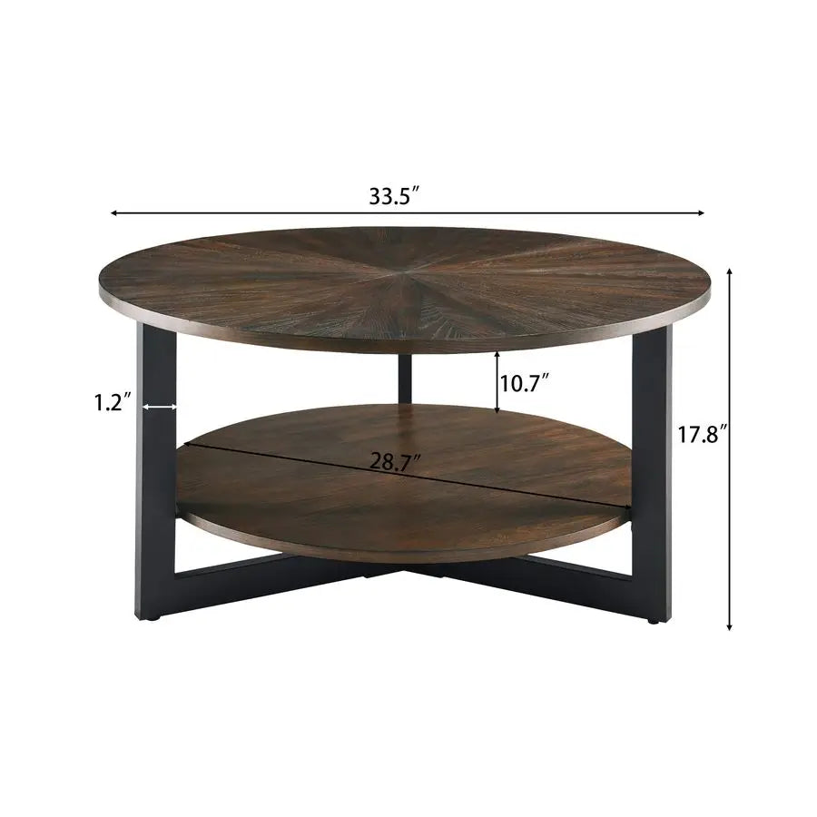 Round Coffee Table with Storage Shelf, Farmhouse Living Room Cocktail Black Metal Legs, Circular Solid Wood Center Tea Table, So