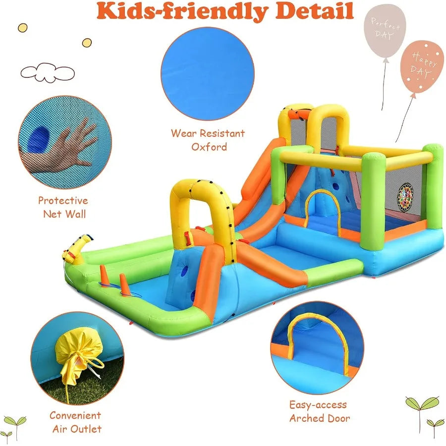 Inflatable Water Slide, 7 in 1 Bounce House with 2 Slides Climbing Wall Splash Pool 2 Ring Columns Water Gun, Outdoor Water Park