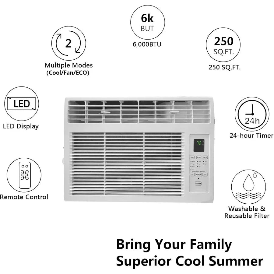 6000BTU Window Air Conditioner with Remote and 24H Timer ECO Mode 4 Fan Speeds Cools up to 250 Sq. Ft. Easy Installation for Ho
