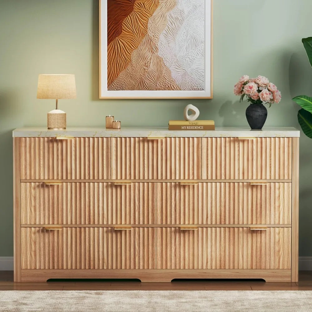 Dresser for Bedroom with 7 Drawers, 53" Wide Mid Century Modern Dressers with Faux Marble Top & Metal Handle, Wooden Chest