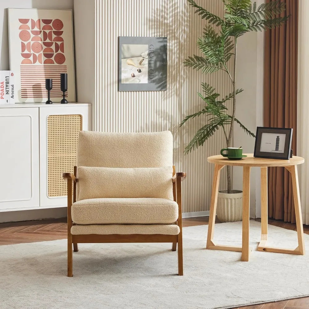Accent Chair Wide Armrest Mid-Century Lounge Chair Teddy Fleece Armchair with Lumbar Pillow & Solid Wood Frame for ,Customized