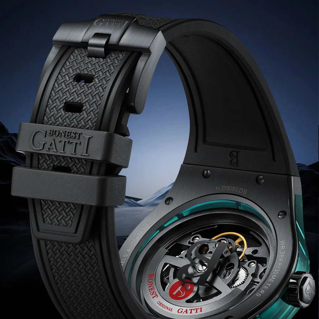 BONEST GATTI men's Watch, fully automatic mechanical watch, skeletonized business sports men's wristwatch with steel strap, Vale