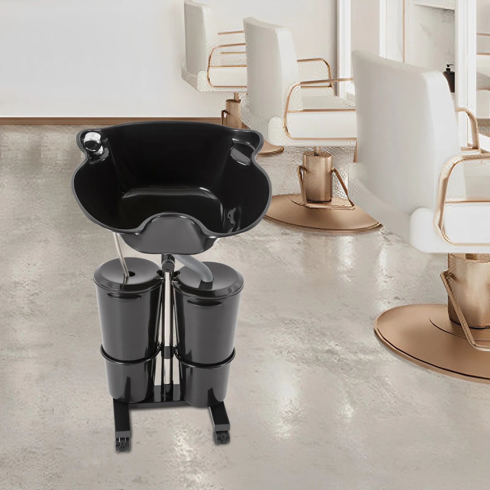 Portable Shampoo Bowl with 2 Buckets Adjustable Height & 270° Salon Hair Washing Sink for Elderly, Pregnant, Home Salon