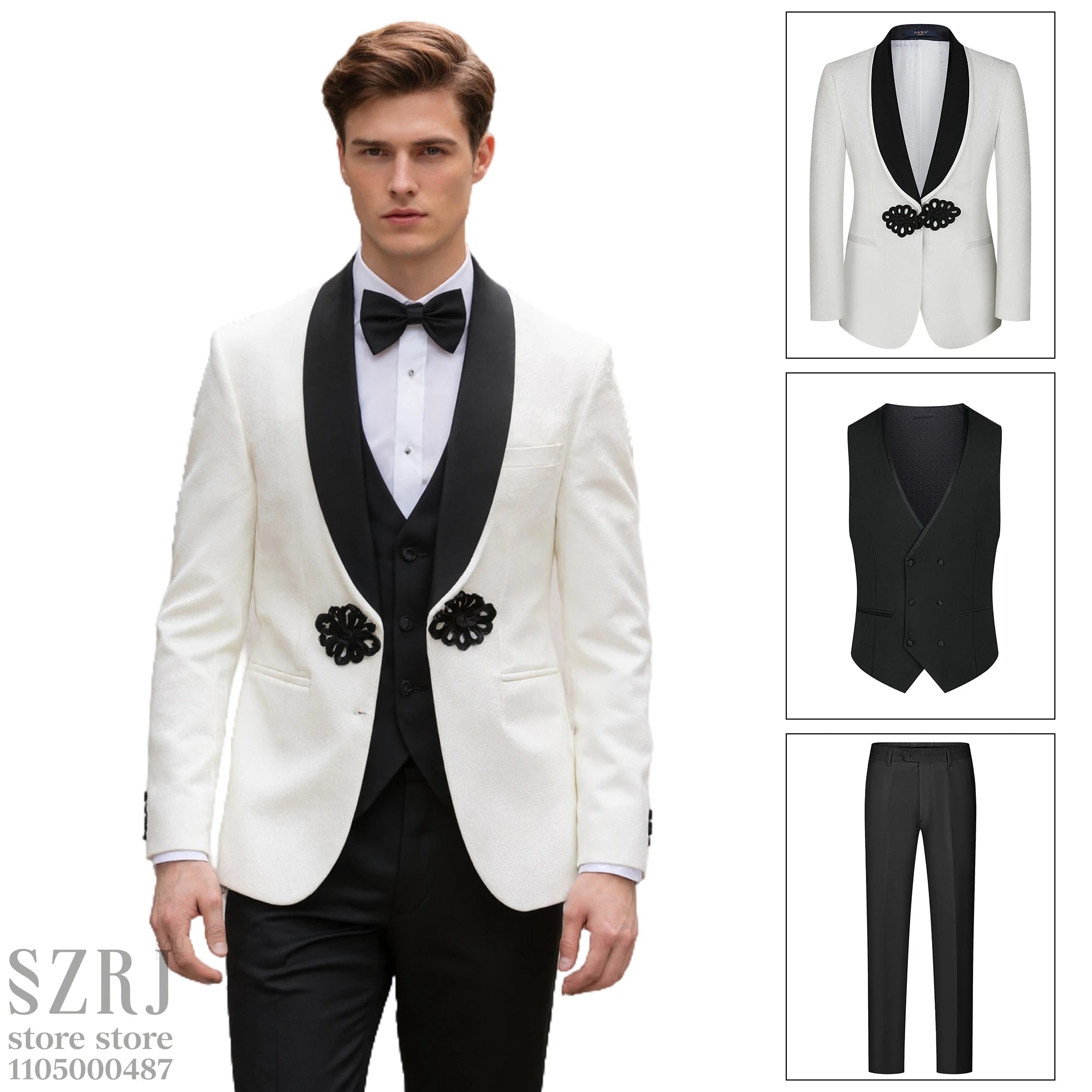 Men's Formal Tuxedo Suit Set with Shawl Collar, Vest & Trousers, Ideal for Wedding, Prom & Gala Events