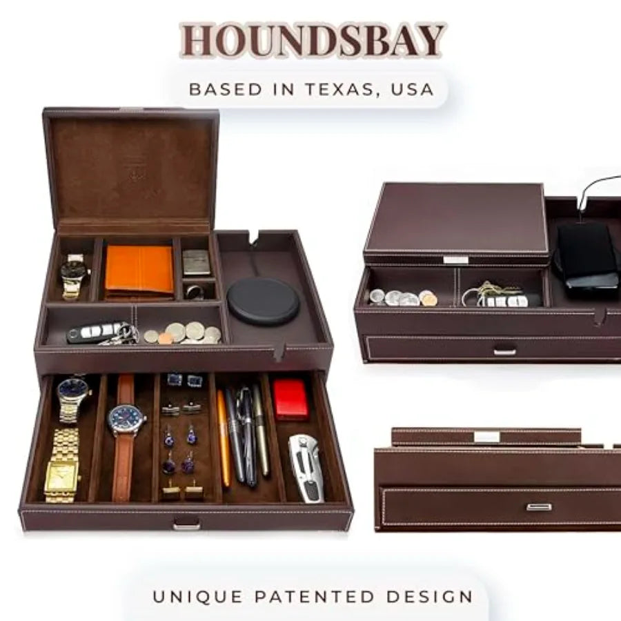 Mens Watch Box Leather Valet Tray - Bedside Table Organizer Men's Jewelry Box Watch Case for Men with Large Smartphone Charging