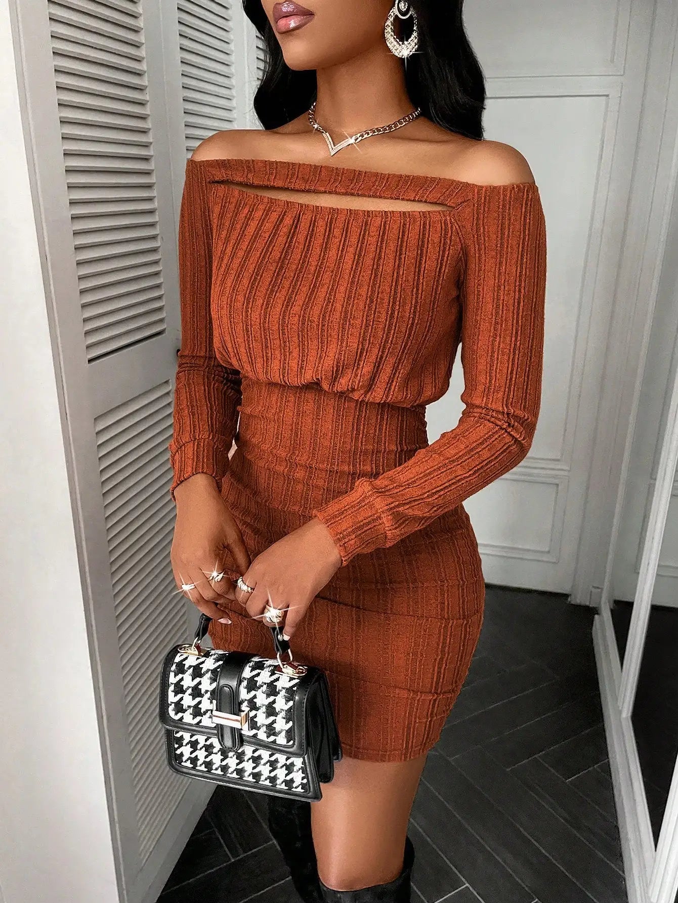 Rust Orange Off-Shoulder Hollow Front Bodycon Mini Dress with Textured Knit