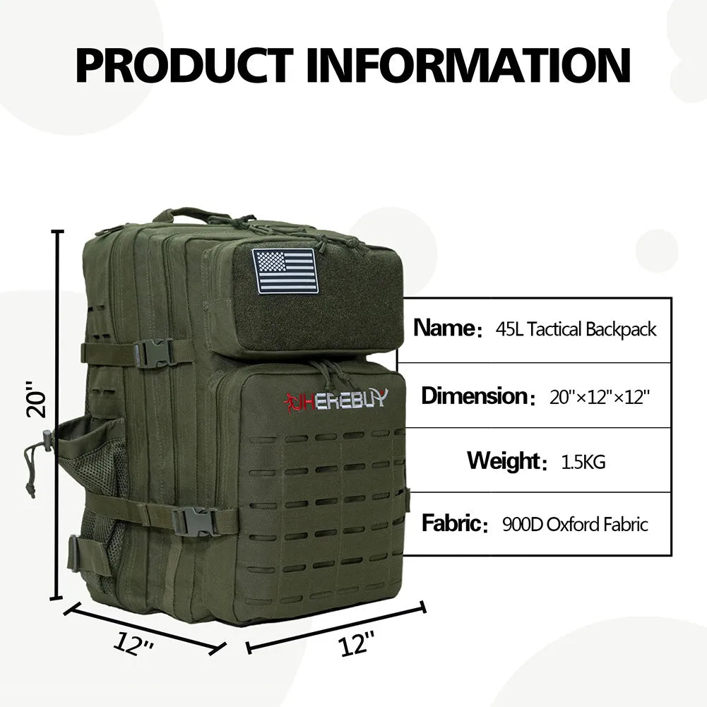 45L Military Tactical Backpack for Men Molle Rucksack Large Survival Hiking Bag 3 Day Assault Rucksack Pack With Bottle Holder