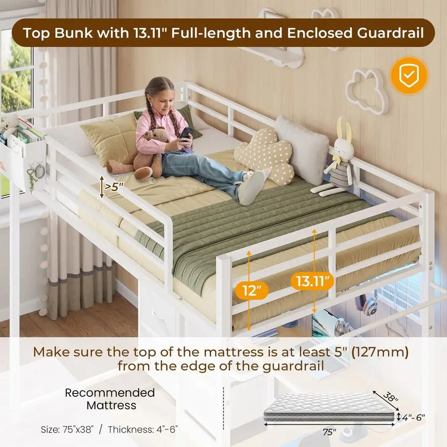 Twin Size Loft Bed with LShaped Desk and 7 Storage Drawers,Metal Twin Loft Bed for Kids with LED Lights and Charging Station,13.