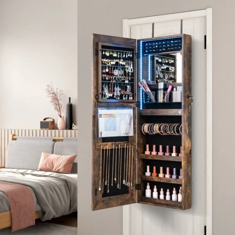 Lockable Jewelry Mirror Cabinet Wall & Door Mounted Jewelry Armoire W/LED Lights