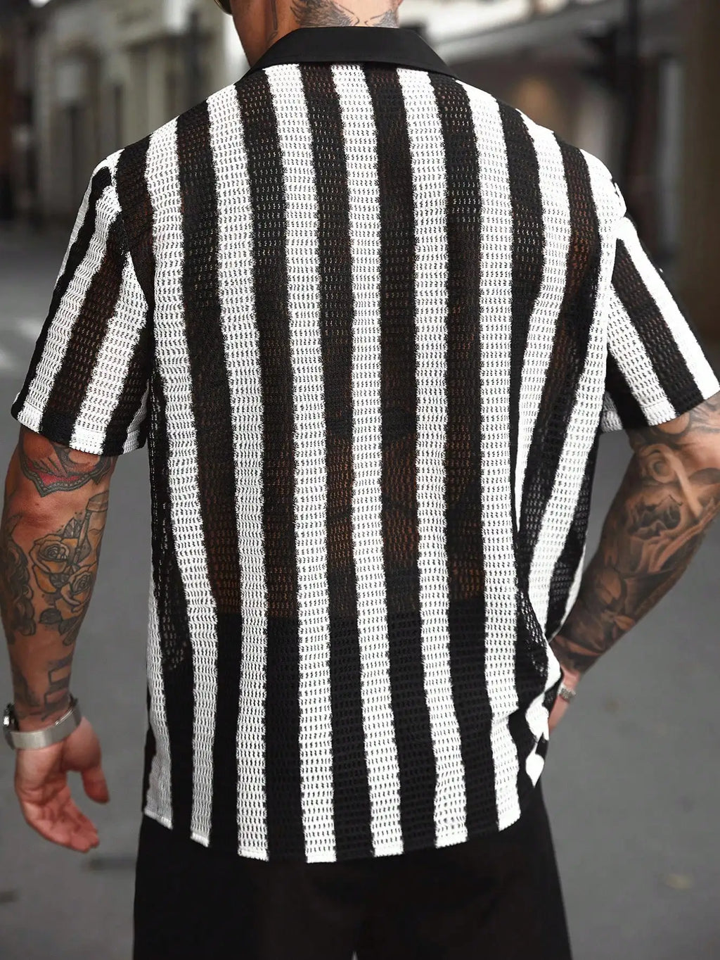 Men's Striped Knitted Short-Sleeve Casual Shirt with Button Placket