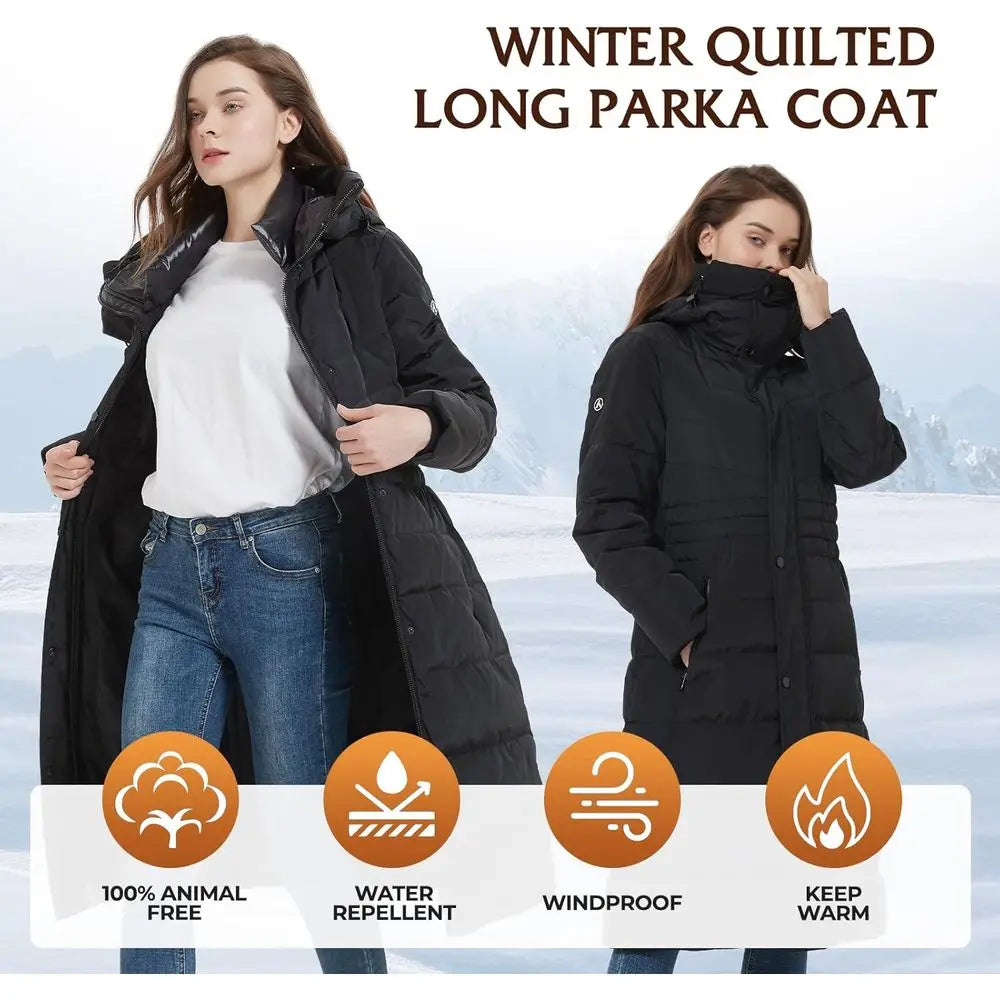 Women's Winter Coats, Thickened Warm Insulated Vegan Down Long Parka Jacket with Hood