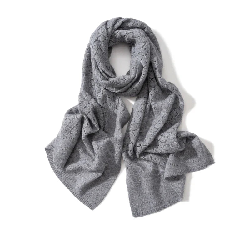 Women's 100% Cashmere Solid Color Scarf Hollow Grid Knitted Windproof Elegant Embroidery Texture Neckerchief for Ladies Banquet