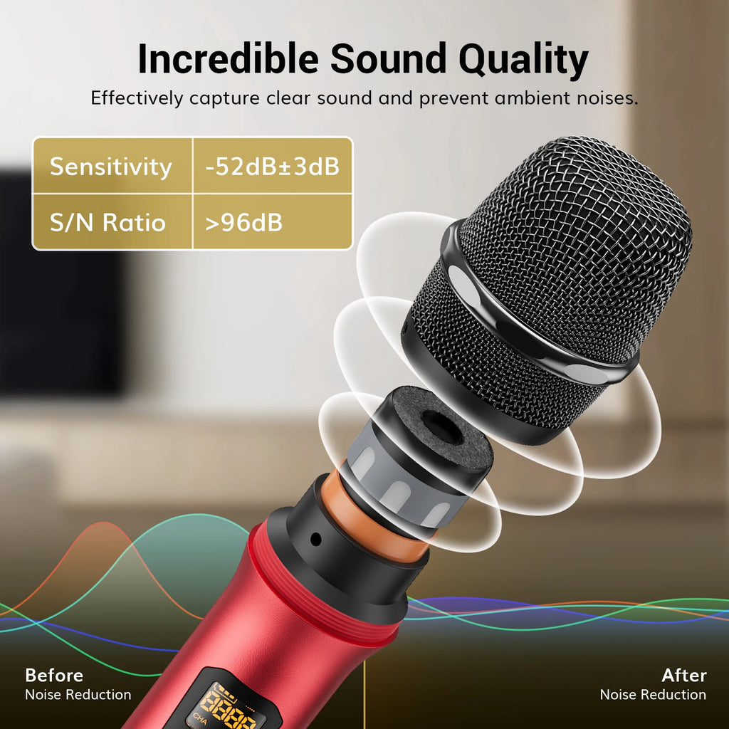 Wireless Microphone System, Professional Metal Cordless Karaoke Microphones, Handheld Dynamic Mic Set with Receiver, TW820