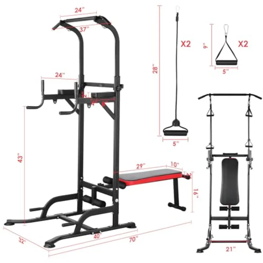 Arlopu Power Tower with Bench Pull Up Bar Stand Dip Bar w/Folding Bench 4 Ropes Strength Training Multi-Function Fitness Equipm