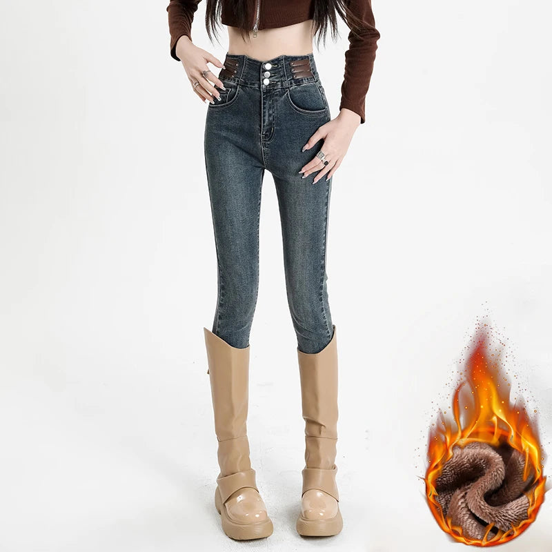 Winter Warm Jeans Women's Fleece Thickened Stretch Skinny Pencil Pants High Waist Slim Fashion Korean velvet Jeans Black Blue